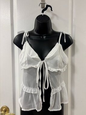 Boho Babydoll Sheer Ruffle Tie-Front Bow White Cami Tank Top Cover Up Festival S